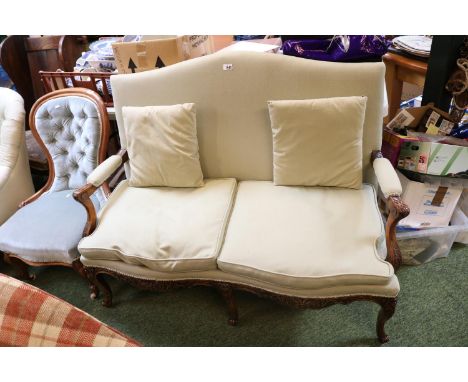 19thC Walnut 2 seater sofa with carved foliate decoration and green upholstery 