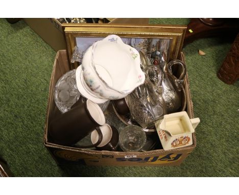 Box of assorted Glassware and ceramics to include Offilers Ales Jug, Aynsley Jardinière