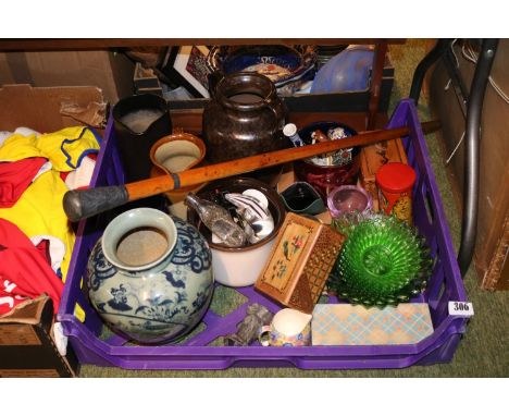 Tray of ceramics and glassware to include Green glass dessert set, White metal topped Edwardian cane etc.
