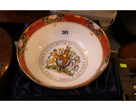 Boxed Royal Worcester Queen Elizabeth II Golden Jubilee Limited edition 1952-2002 and a Lacquered Salad bowl and 4 Hans Bolli