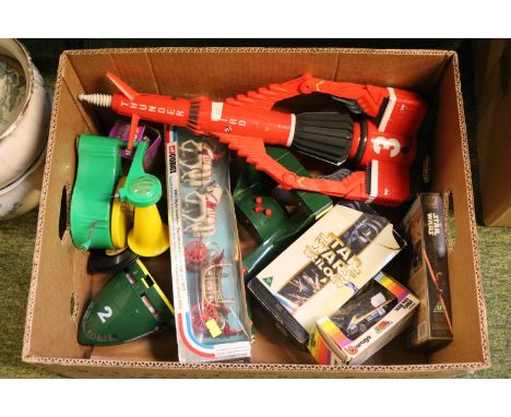 Box of Thunderbirds and other toys to include a Boxed Corgi 1902 Silver Jubilee State Carriage etc 