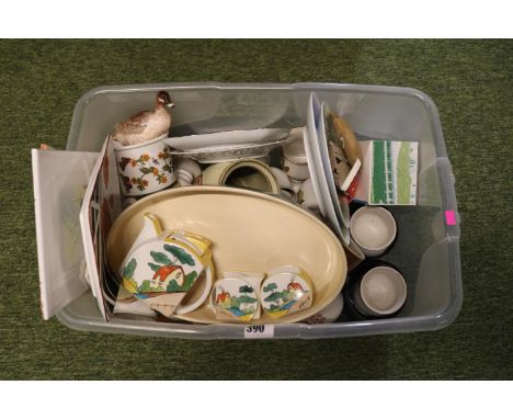 Box of assorted Ceramics to include Clarice Cliff inspired 3 Piece Tea set 