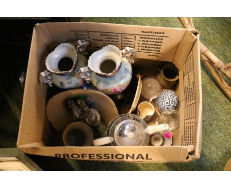 Box of assorted Ceramics and glassware to include Pair of Edwardian Mantel Vases, Deco Teapot with cover etc