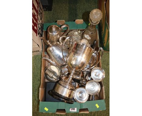 Box of assorted Silver plated Tableware to include Two Handled Trophies, Cut Glass Decanter with Ceramic port Label etc.