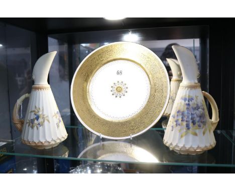 Royal Worcester Blush Ivory Conical jugs with floral decoration C.1891 and a Minton Bone China Gilded Plate 