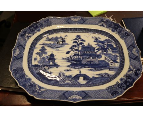 Tray of 19thC and later Ceramics to include Ironstone Meat plates, Blue and White Chinese Qianlong platter