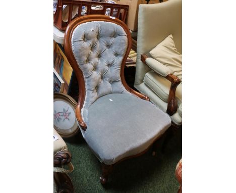 Victorian Spoon back button upholstered Chair with carved detail 