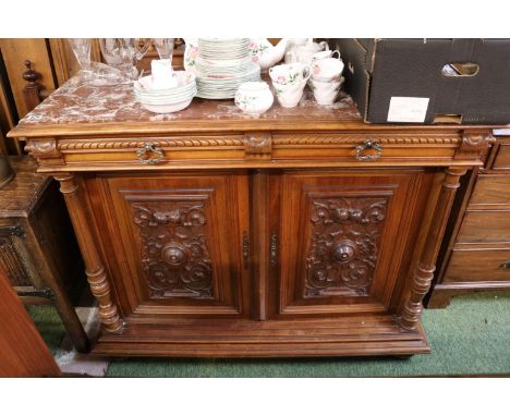 Victorian Marble topped Walnut sideboard with carved front and Pillar supports 