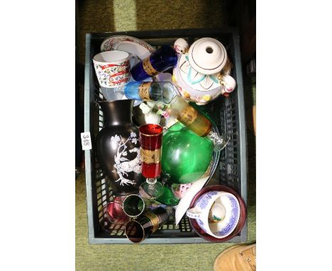 Box of assorted Ceramics and glassware to include Crown Devon, Cranberry glass etc