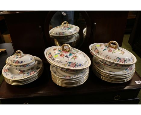 Royal Worcester Floral design Dinner service comprising of 3 Tureens Soup Bowls, Dinner plates and Side plates with Puce mark
