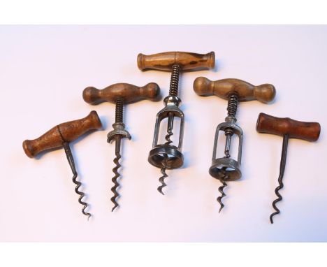 2x 19thC German Hercules design Corkscrews and a Fruit wood handled&nbsp; Corkscrew and 2 other corkscrews