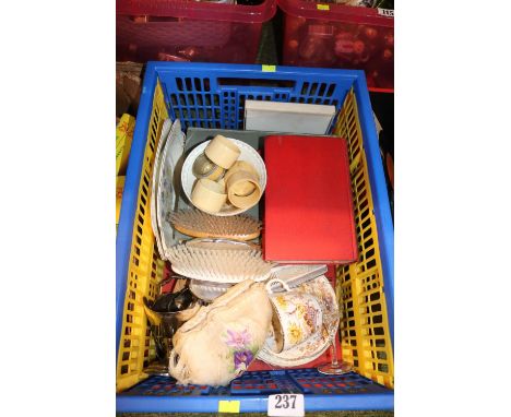 Box of assorted Bygones to include Silver plated Sugar Bowl, Dressing table set, Books, Ceramics etc