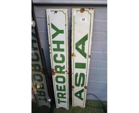 2 Antique Enamel signs for Asia and Treorchy. 100cm in Length 