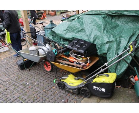 Ryobi Electric Cordless Mower and assorted tools 
