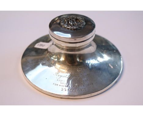 Victoria Cross Interest; Silver Inkwell presented to Royal Flying Corps officer and Victoria cross winner Lieutenant Willian 
