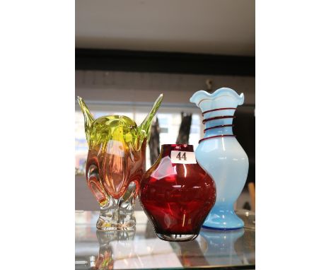 Villeroy &amp; Boch Ruby Glass vase, Czech Chribska Vase and a Loetz Blue Opaque glass vase