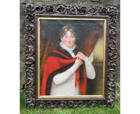 An English School, oil on canvas, portrait of Sarah Bullen, sister to George John Clode, wearing a red cloak with curtain beh