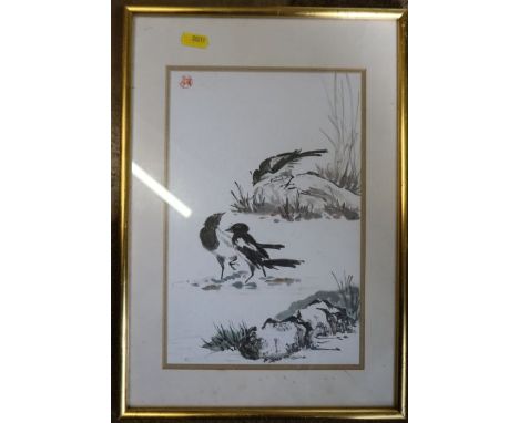 Joan B Ticer, a Chinese brush picture, together with a watercolour of Bisley a docks scene and a print