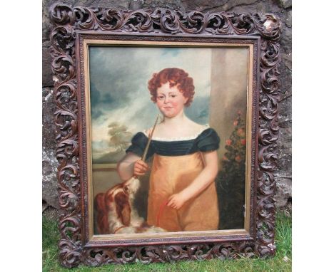 An English School, oil on canvas, portrait of&nbsp;of a girl with a dog, with landscape beyond, thought to be of one of the d