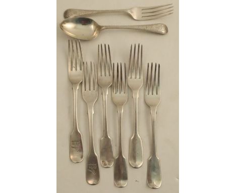 A set of three fiddle pattern silver dessert forks, London 1826, together with three other silver dessert forks, two engraved