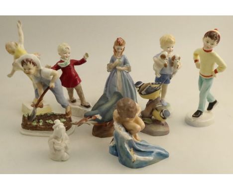 Seven Royal Worcester figures, August, Saturday's Child, Tuesday's Child boy and girl, Monday's Child, January and Sweet Anne