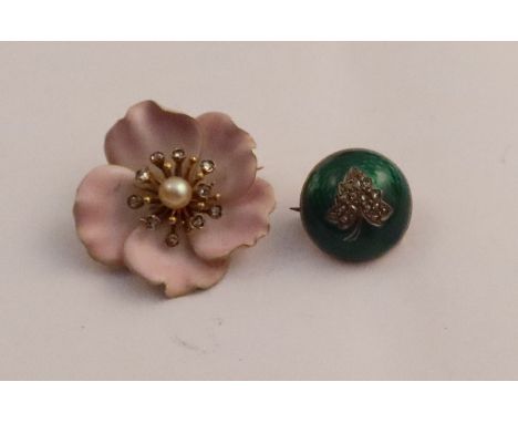 A French pink enamel flower head brooch, set with a pearl and diamonds, together with a 19th century guilloche enamel brooch,