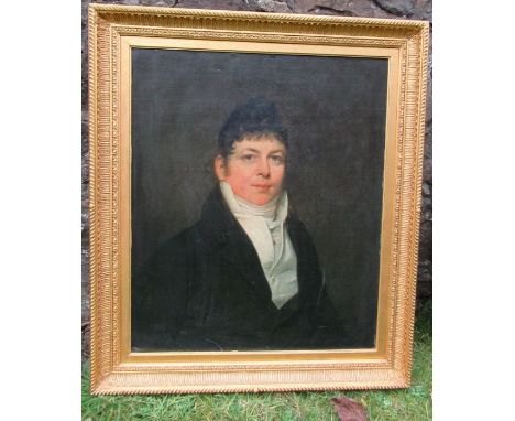 An English School, oil on canvas, portrait of a gentleman wearing a white cravat and black jacket, 30ins x 24.5ins