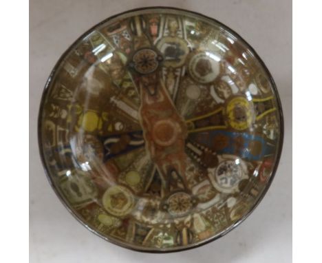 &nbsp;A copper glass bowl lined with an assortment of vintage cider labels.&nbsp;