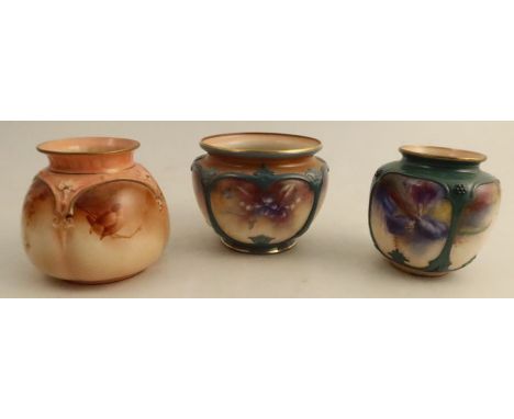 Three Hadley's Worcester quarter lobbed vases, one decorated in sepia with birds and foliage, the other two with flowers -&nb