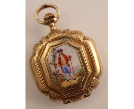 A Continental yellow gold cased fob watch, the front cover inset with an enamel plaque depicting a country figure in landscap