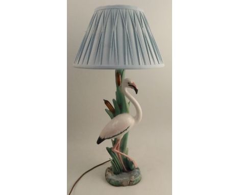 A 20th century Italian majolica table lamp base, modelled as a stork, height including shade 26ins