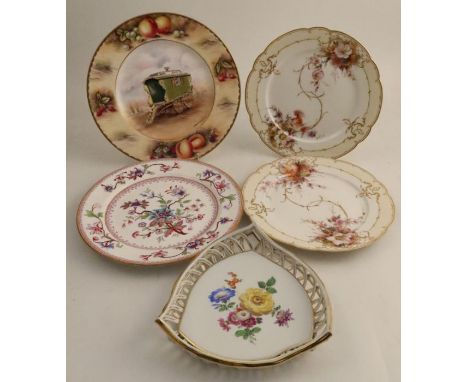 A triangular dish, decorated with flowers together with a pair of KPM plates, a David R Bowkett plate decorated with a Gypsy 