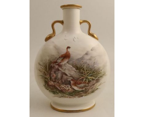 A 19th century moon flask, the front decorated with game birds in landscape, the reverse with a pond, marked J Derbyshire Dec