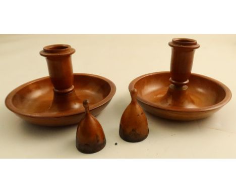 An Antique turned olive wood Brighton Bun campaign candlestick, complete with snuffers
