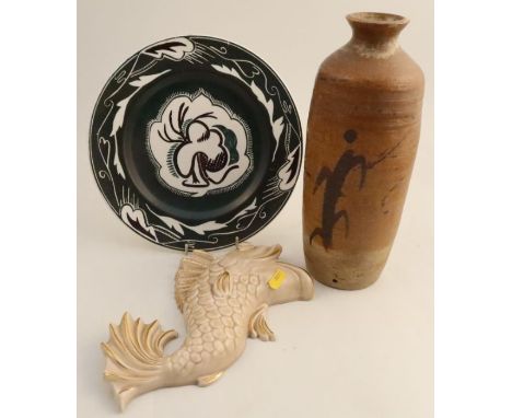 A Clarice Cliff wall pocket, formed as a fish, together with a Studio Pottery vase possibly by Sue Blair and a plated marked 