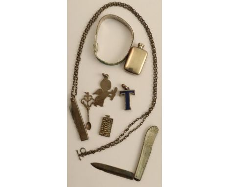 A white metal chain, suspending silver and blue enameled T fob, stamped GVCCI, a silver cased pocket knife, an angel pendant,