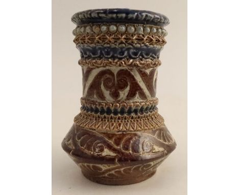 A Martin Ware stoneware vase, with bands of decoration, inscribed R W Martin London 1876 to base, height 5ins - Good conditio