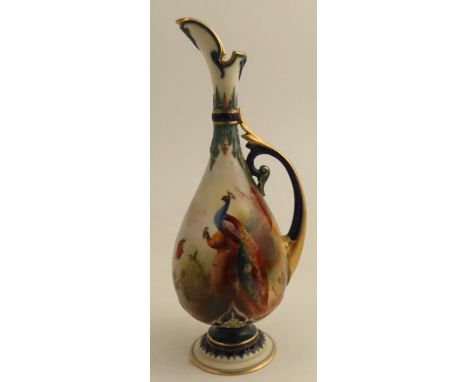 A Royal Worcester ewer, decorated with peacocks in trees in the Hadley style, shape number H242, height 8ins - with no obviou