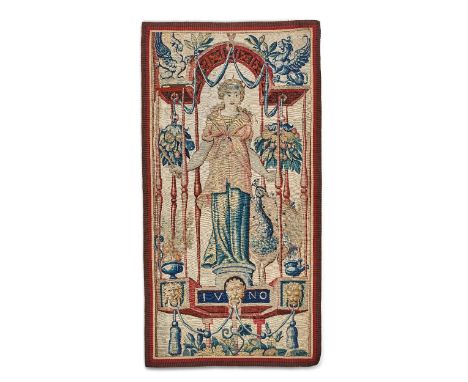 A charming Brussels mythological tapestry fragmentC.1580Woven in wools and silks, depicting Juno, the crowned Goddess with he
