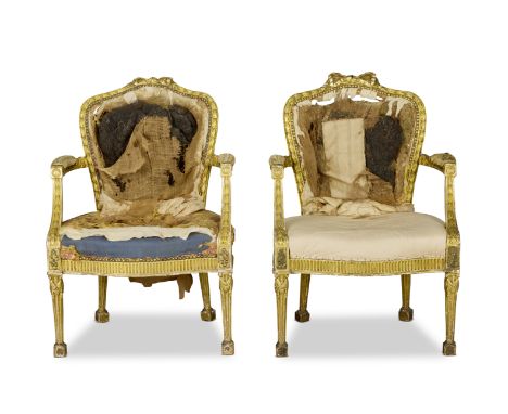 A pair of George III giltwood open armchairs attributed to John Linnell (1729-1796)1770-1775, both chairs requiring re-uphols