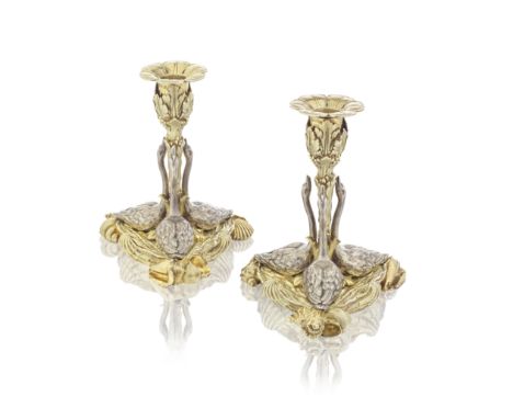 A good pair of William IV silver and silver-gilt 'swan' candlesticksJohn Bridge, London 1830, also stamped RUNDELL BRIDGE ET 