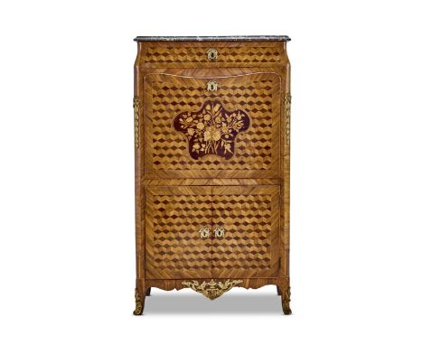 A late Louis XV ormolu mounted kingwood, stained sycamore, amaranth, fruitwood marquetry and parquetry secretaire a abattant 