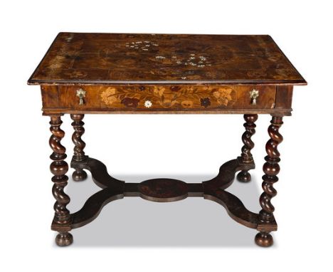 A William and Mary walnut, ivory, ebony, burr yew, sycamore and fruitwood marquetry side tableCirca 1690The rectangular top i
