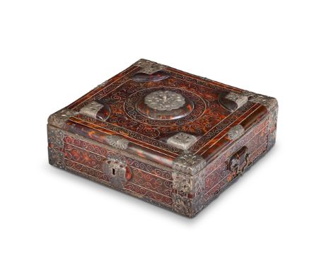 A Spanish Colonial tortoiseshell veneered, bone inlaid and silver mounted dressing boxEarly 18th centuryOf square form with t