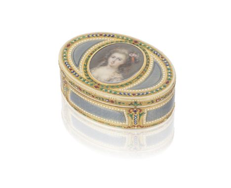 A Louis XVI enamelled gold snuff-boxRene-Antoine Bailleul, Paris 1778-79 Oval form, the cover a with central portrait miniatu