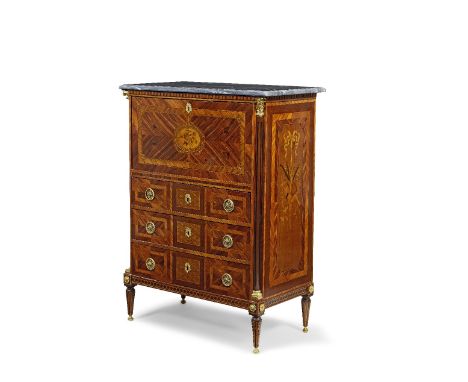 A Dutch late 18th century ormolu mounted kingwood, satinwood, amaranth, tulipwood and fruitwood marquetry secretaire à abatta