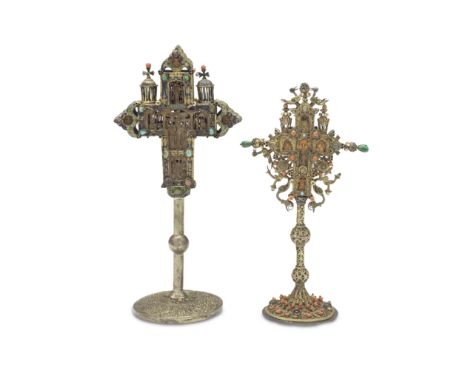 A Greek carved boxwood, coral beaded, 'jewelled' and applied filigree and coloured enamel gilt and white metal 'Mount Athos' 