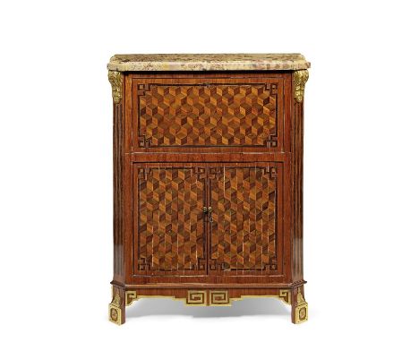 A late Louis XV ormolu mounted tulipwood, amaranth, sycamore and stained fruitwood parquetry secretaire à abattant 'à la Grec
