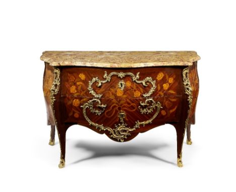 A Louis XV ormolu mounted bois satine, amaranth, stained fruitwood and marquetry serpentine commodeStamped for Jean-Pierre La
