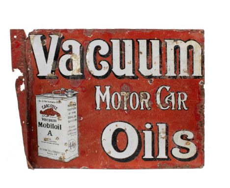 A Vacuum Oils Mobiloil enamel sign,double-sided, flange mounted (bent), in red, black and white, with image of oil can, 40 x 